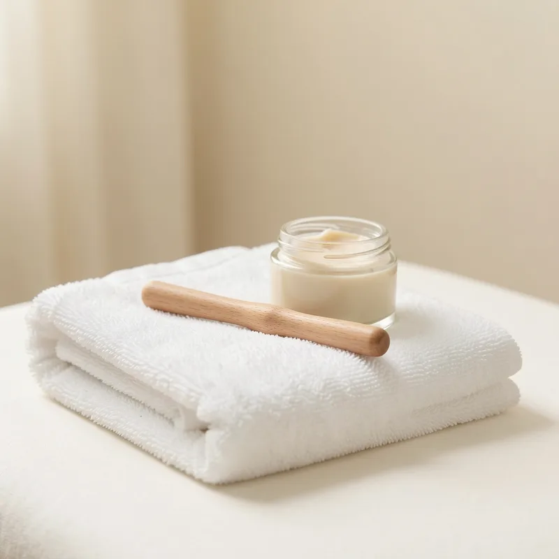 Serviette, bâtonnet de massage et baume posés sur une table de soin