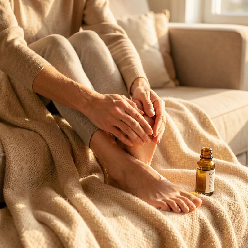 Pieds nus posés sur un plaid, mains en train de masser la voûte plantaire, lumière douce