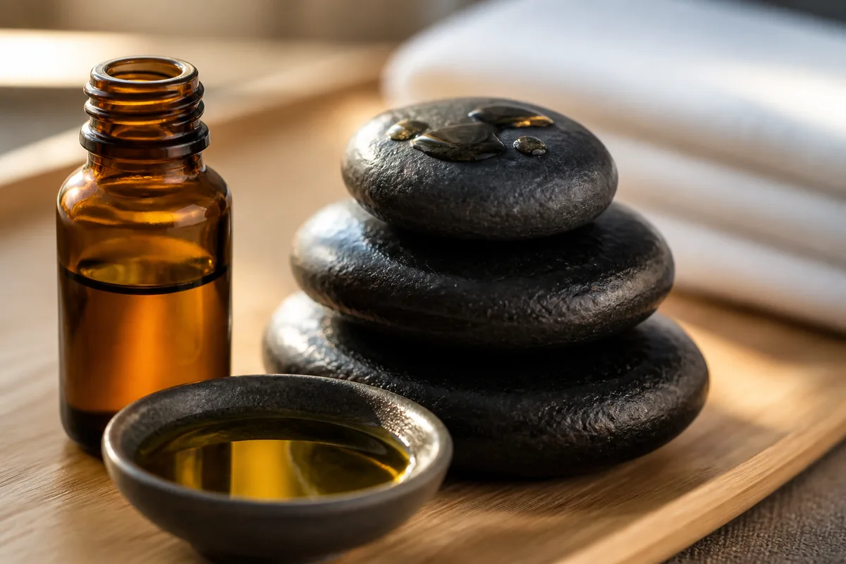 Pierres de basalte noires empilées près d’un bol d’huile végétale sur une table de massage