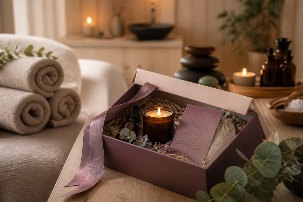 Coffret cadeau ouvert avec un ruban, une bougie et une carte manuscrite