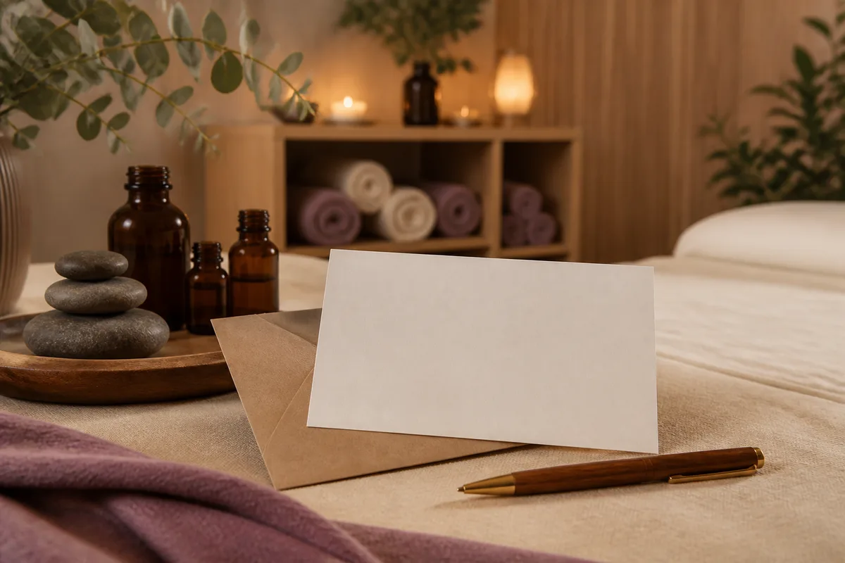 Bon cadeau imprimé posé sur une enveloppe kraft avec un stylo