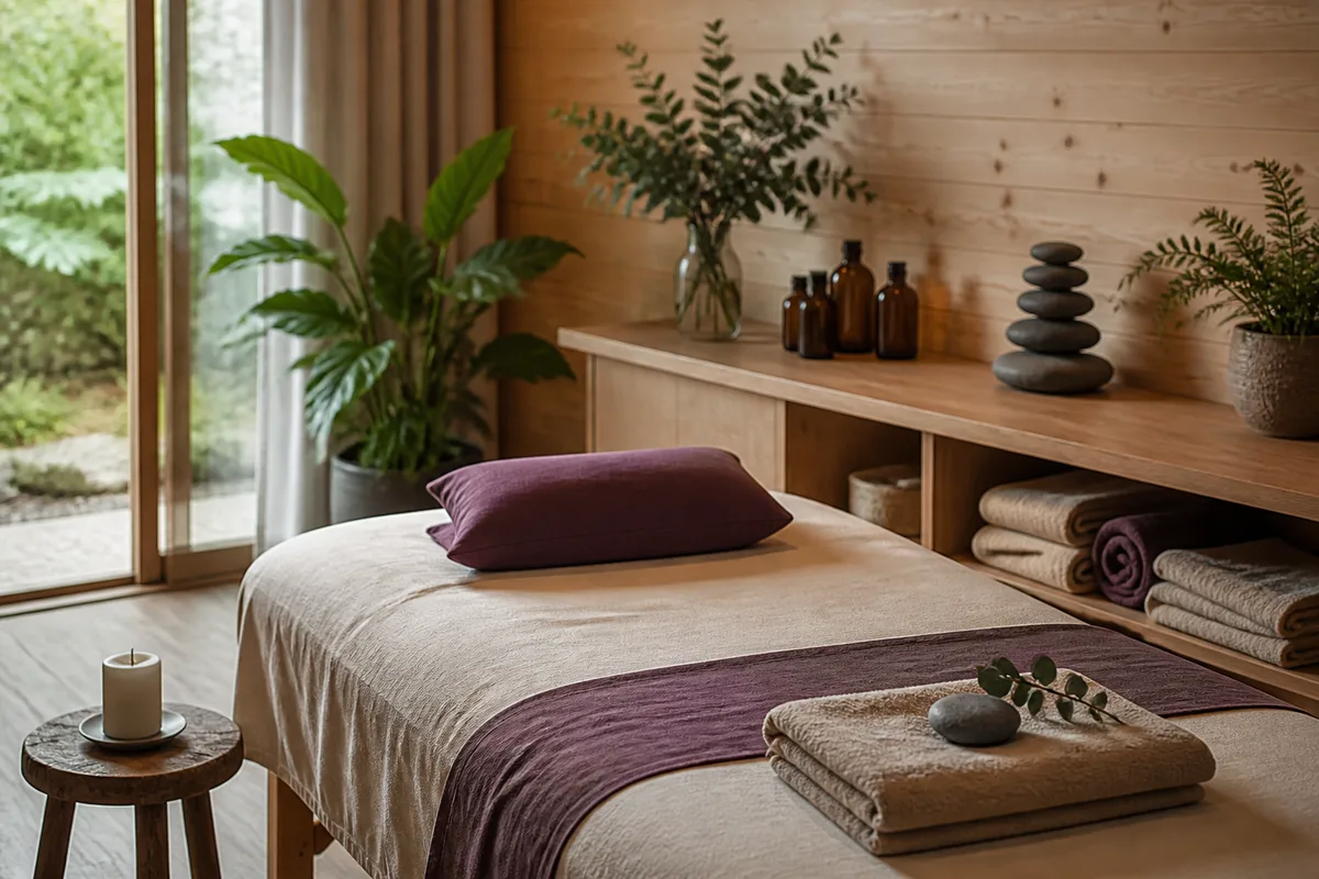 Pièce calme avec une table de soin, un coussin et une bougie éteinte sur un guéridon