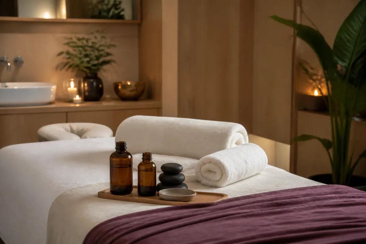 Table de massage préparée avec serviettes blanches, huile et galets dans une pièce calme