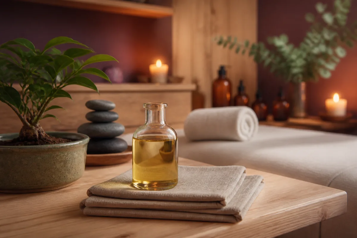Flacon d&rsquo;huile végétale et serviettes pliées sur une table de massage en bois clair