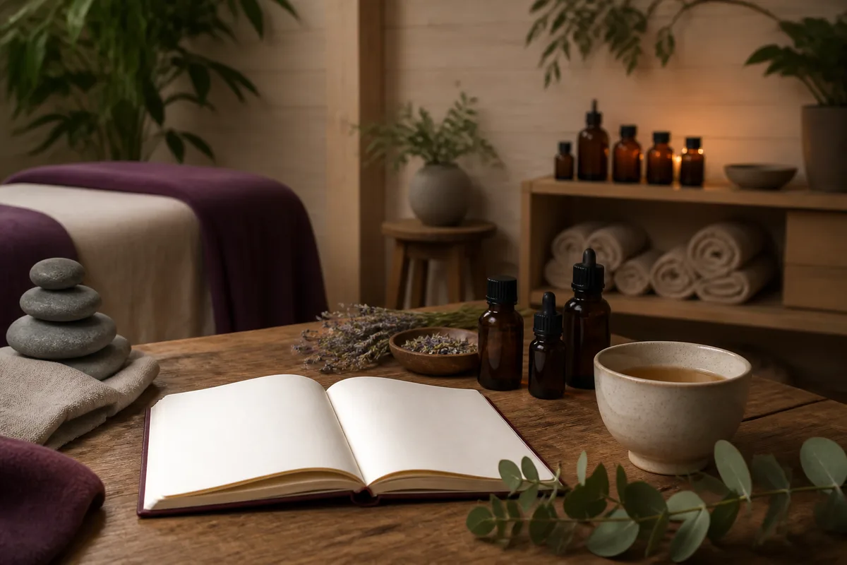 Carnet ouvert, tasse de tisane et huiles essentielles posés sur une table en bois