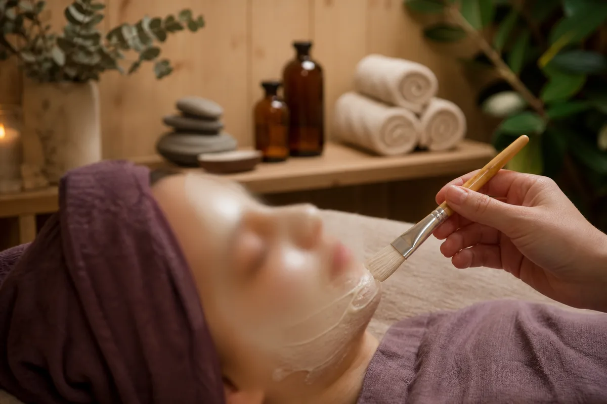Application d&rsquo;un masque crème au pinceau sur le visage d&rsquo;une personne allongée